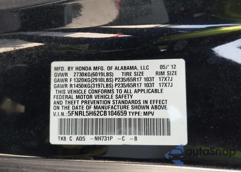 2012 Honda Odyssey Ex-L z USA, uszkodzony, nr VIN 5FNRL5H62CB104659